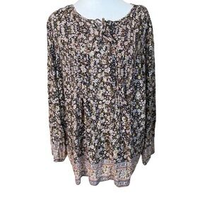 Lucky Brand Plus Bohemian Floral Top 3X Peasant Cottagecore Boho Festival Hippie